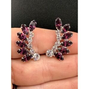 Vintage Rhinestone Clip On Earrings Silver‎ Tone Signed B. David Purple
